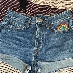 Denim Blue Women's Shorts with Rainbow Embroidery